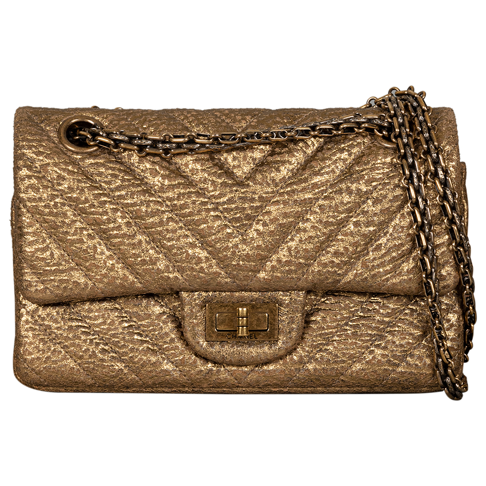 Chanel Metallic Gold Crinkled Quilted Leather Mini Reissue 2.55 Double Flap  Bag
