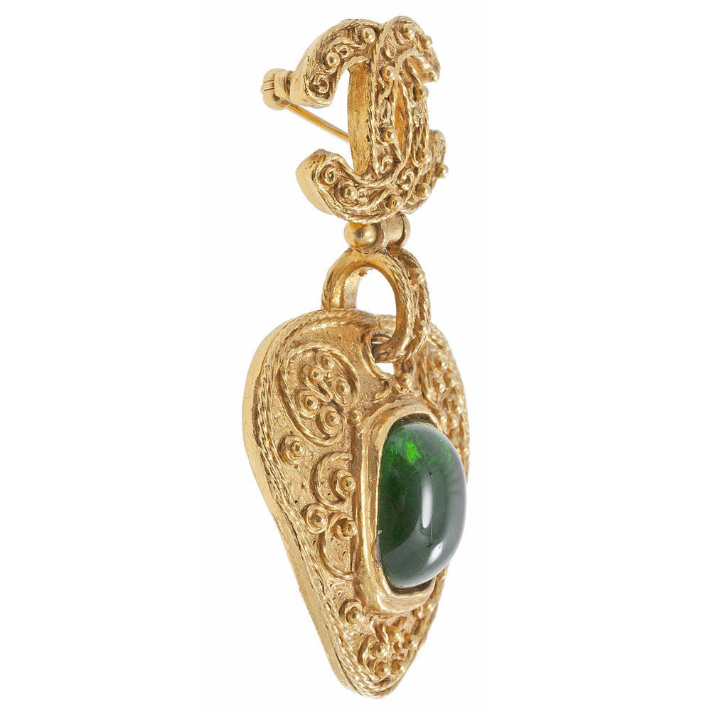 CHANEL VINTAGE GOLD PLATED GREEN STONE BROOCH - My Luxury Bargain