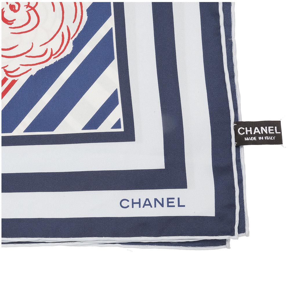 CHANEL RED BLUE AND WHITE CAMELLIA SILK SCARF - My Luxury Bargain