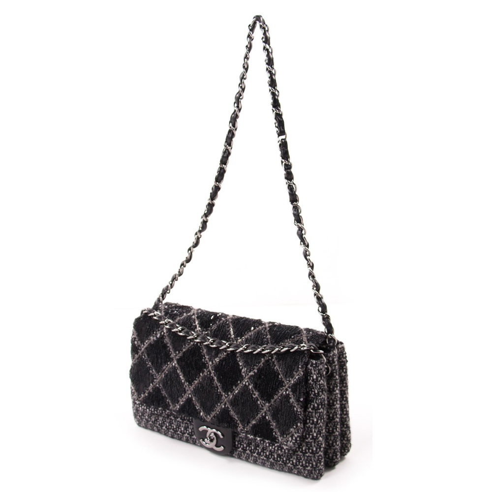 Chanel Black White Sequin Tweed Flap Handbag