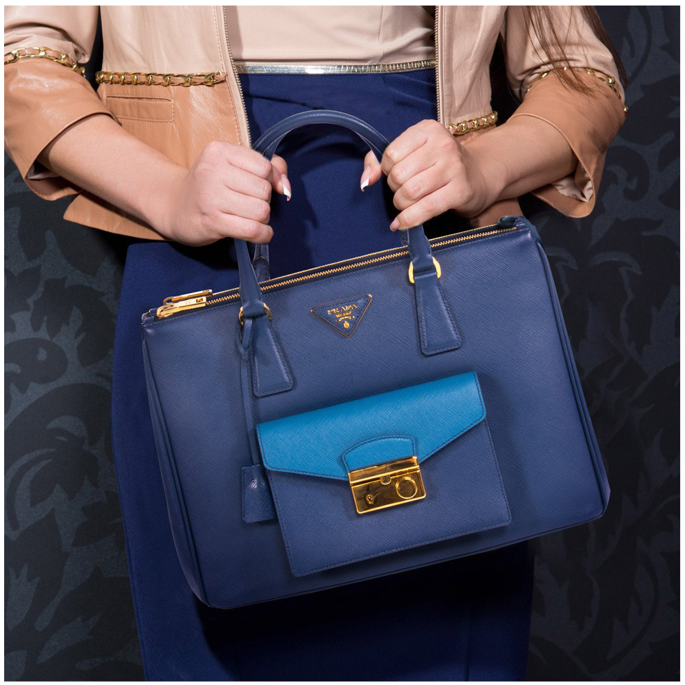Prada Blue Two-Tone Saffiano Lux Leather Large Double Zip Tote