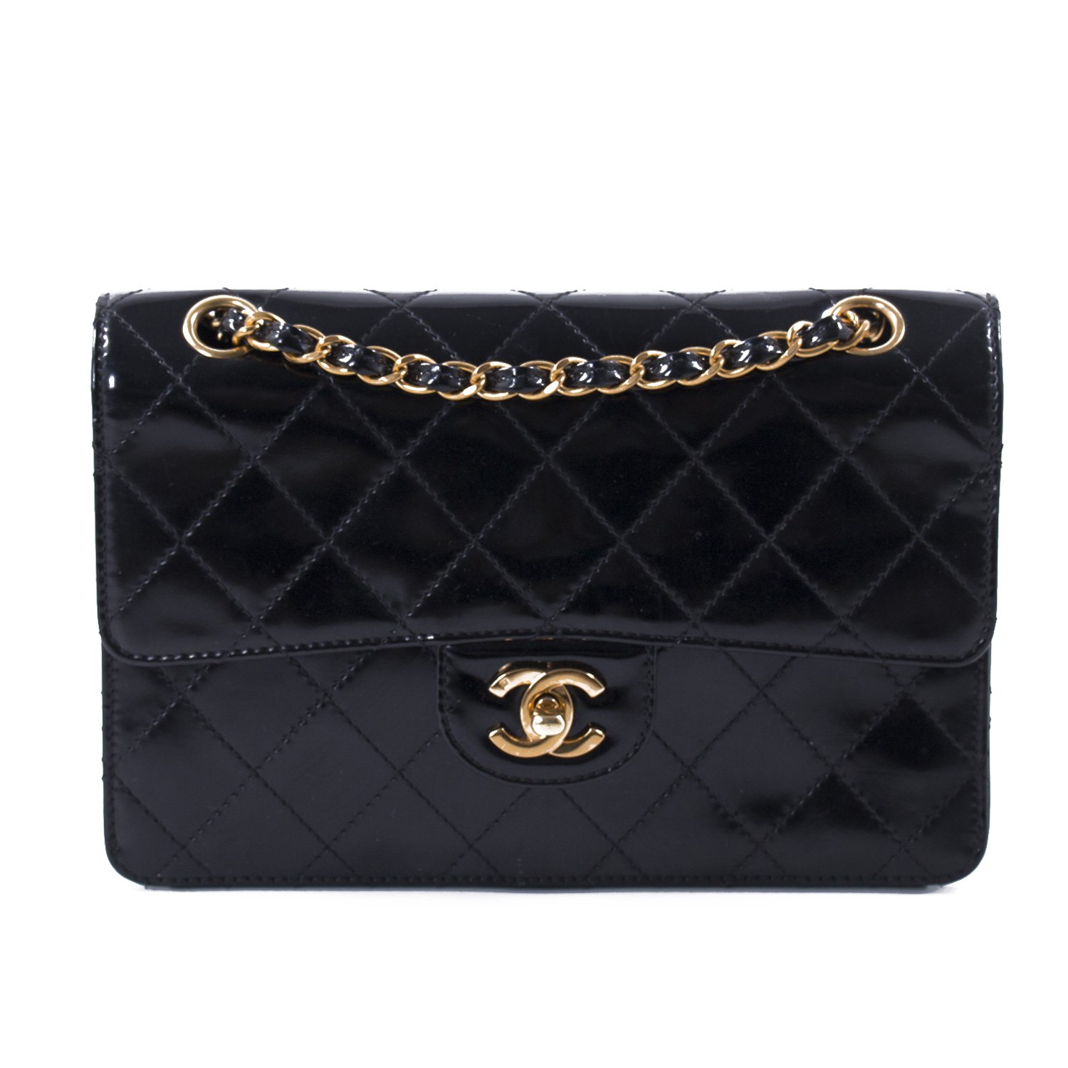 Chanel Vintage Black Patent Leather Classic Single Flap Handbag