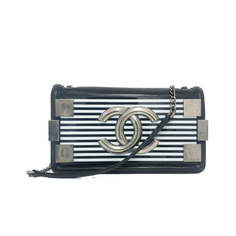 Chanel Black White Stripped Brick Flap Handbag
