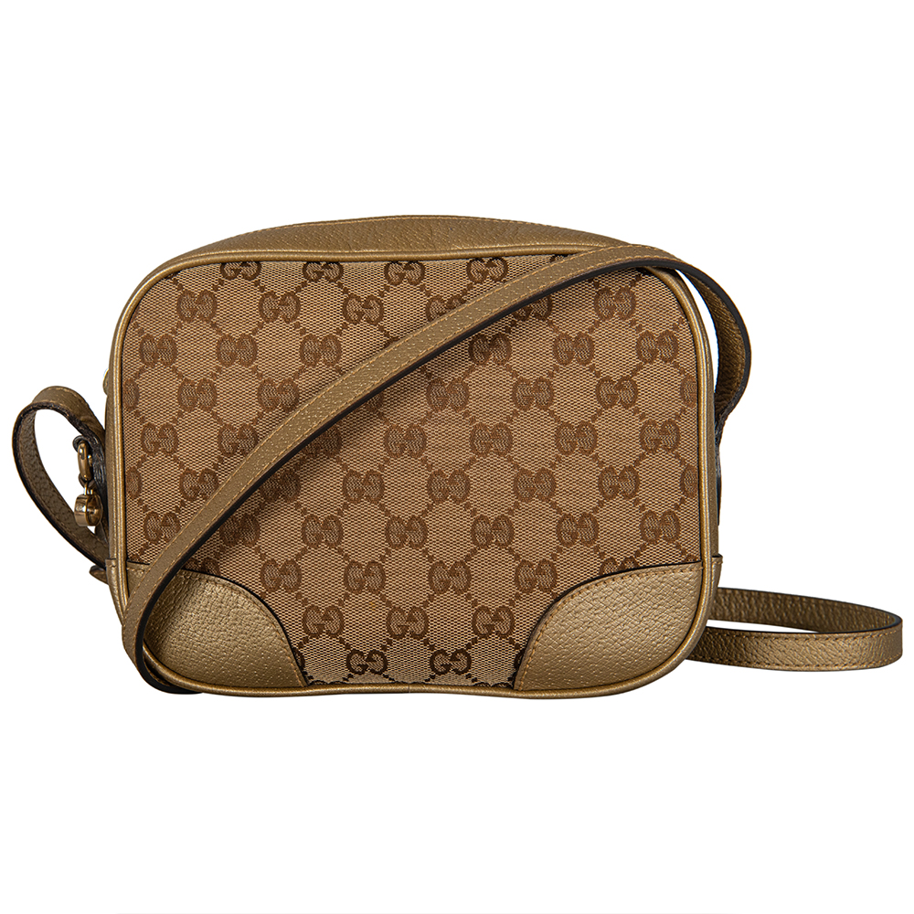 Gucci Beige Gold GG Canvas Leather Crossbody Bag