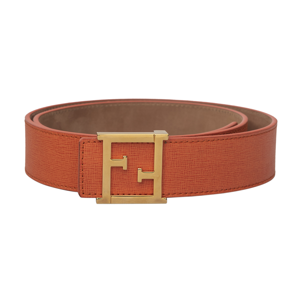 Fendi Orange Saffiano Leather FF Logo Buckle Belt Size 34 Inch
