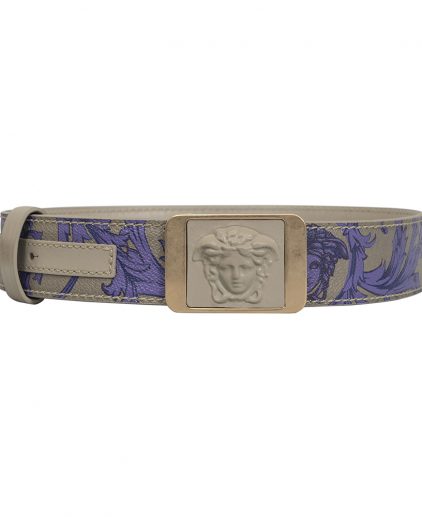 Versace Grey Purple Leather Medusa Buckle Belt Size 34 Inch