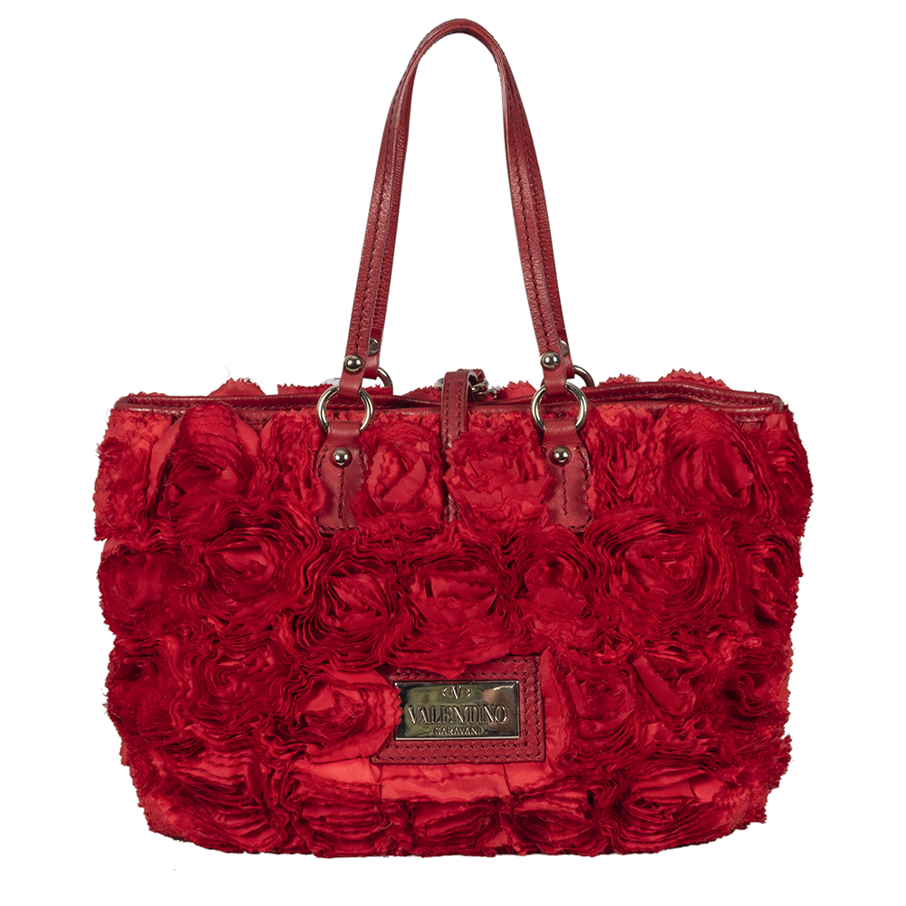 Valentino Rosier Red Ruffled Leather Tote