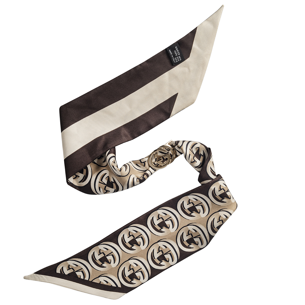 Gucci Printed Silk Brown GG Ring Detail Bandeau Scarf