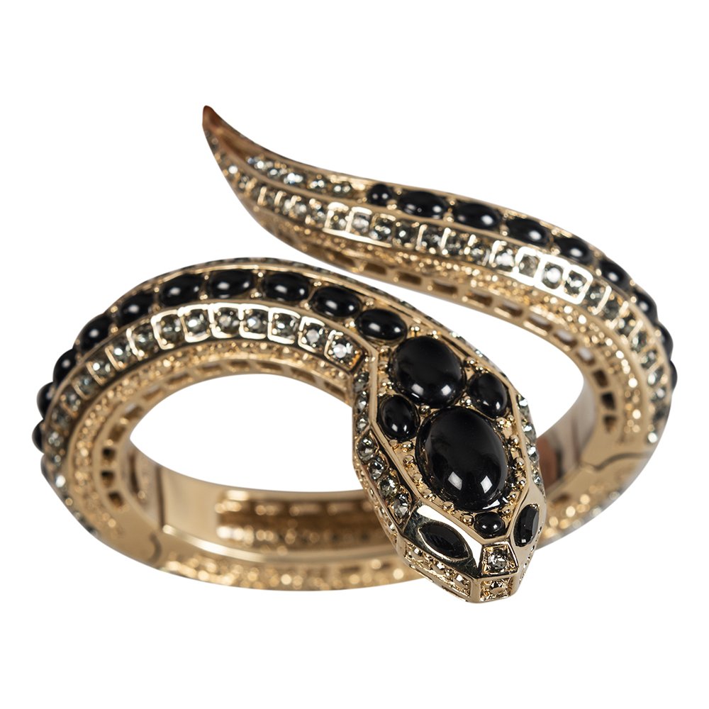 Roberto Cavalli Gold Black Crystal Embellished Serpent Head Bracelet