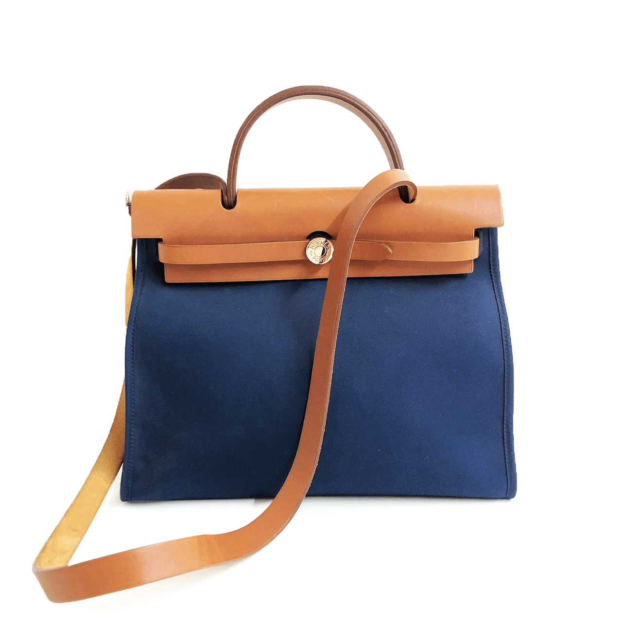 Hermes Blue Canvas Brown Leather Herbag Zip 31 Handbag