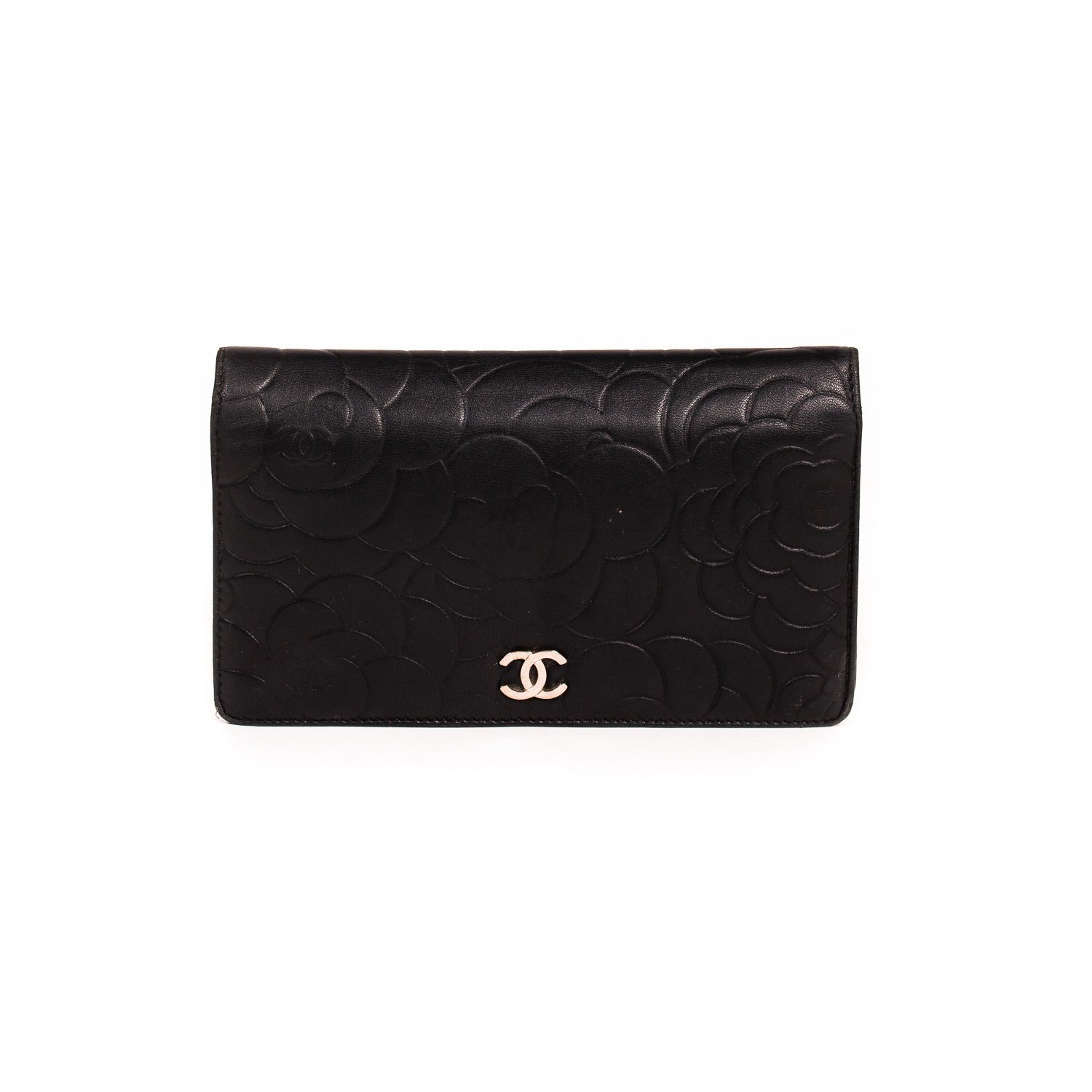 Chanel Black Embossed Leather Camellia Bifold Flap Wallet
