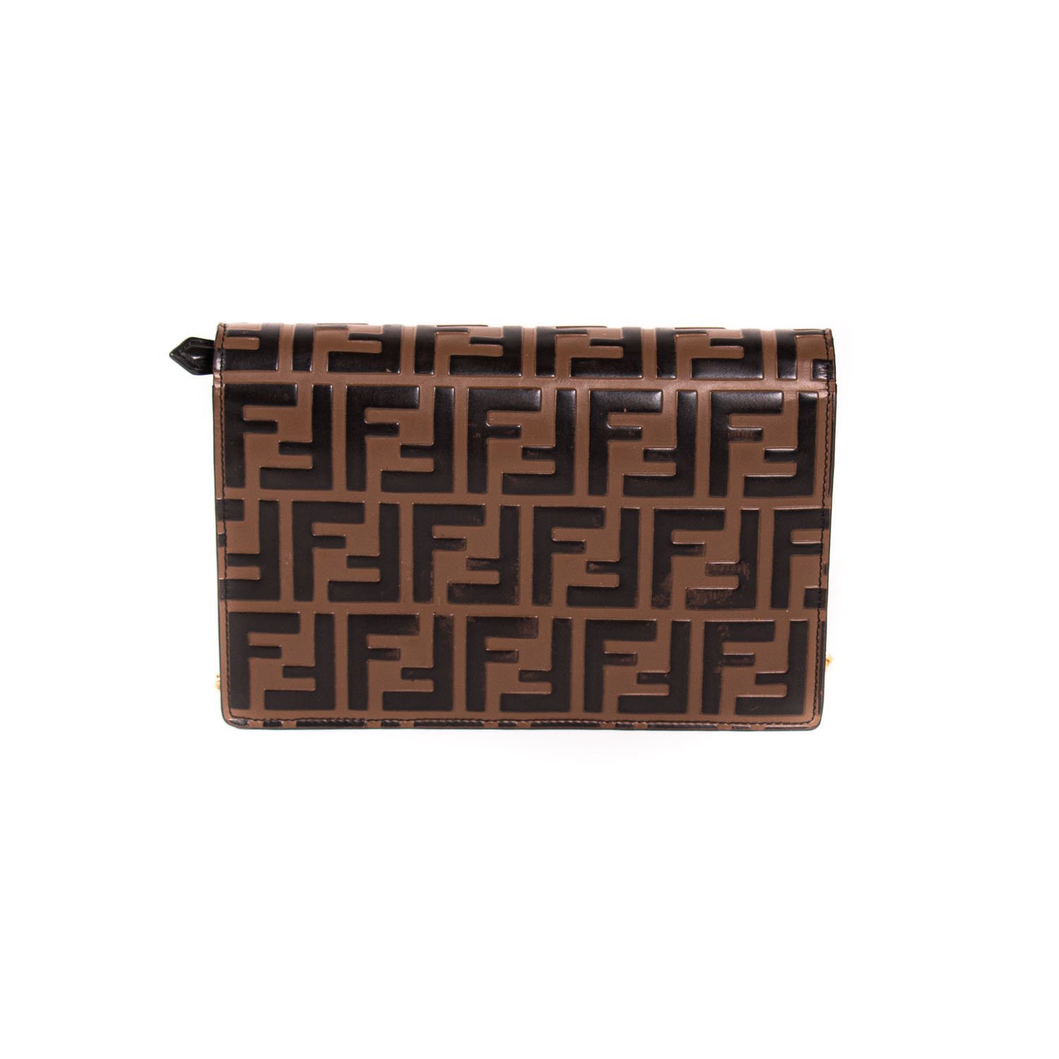Fendi Black Brown Calf Leather FF Logo Wallet On Chain