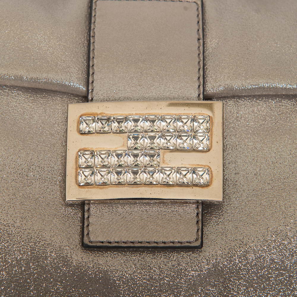 Fendi Silver Metallic Leather Crystal Embellished Baguette Shoulder Bag