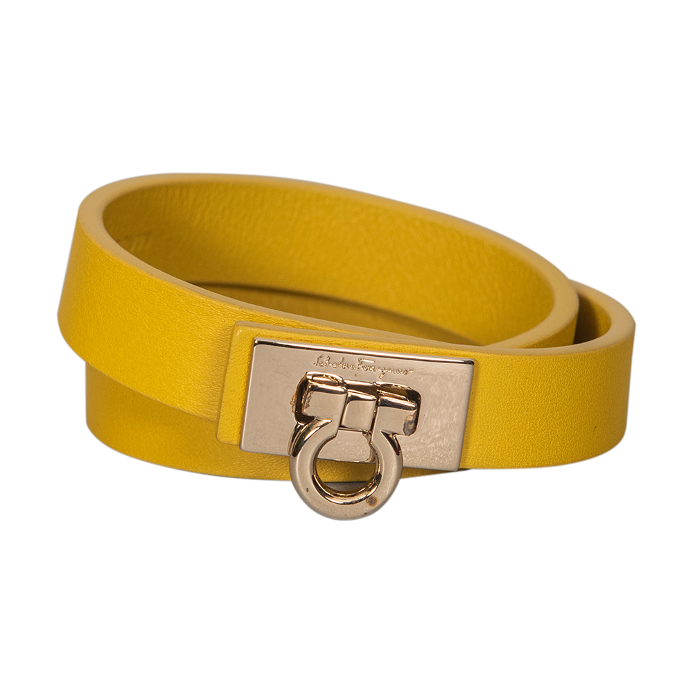 Salvatore Ferragamo Yellow Leather Gancini Lock Double Wrap Bracelet