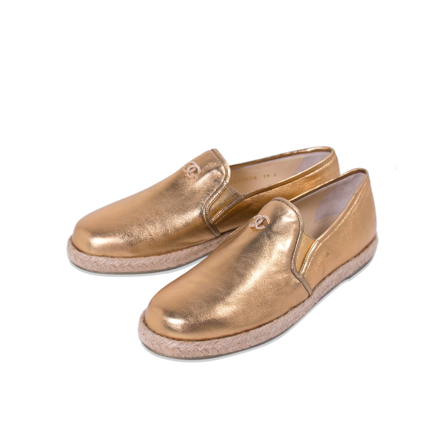 Chanel Metallic Gold Leather Espadrille Loafers Size 39