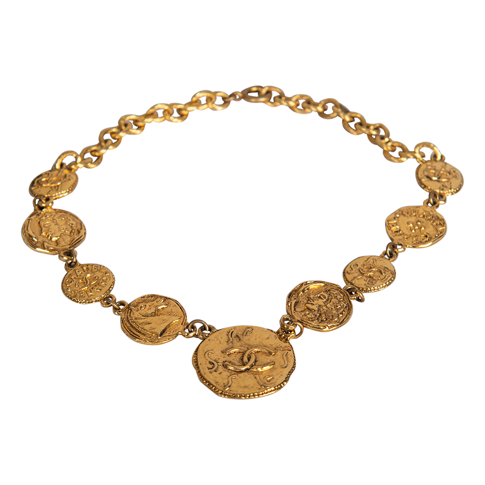 Chanel Gold Tone CC Hammered Finish Coin Necklace