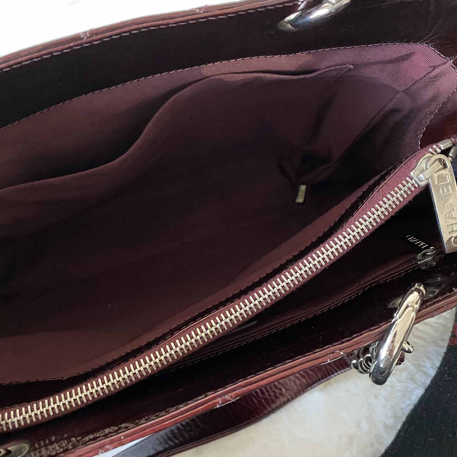 Chanel Wine Red Patent Leather Grand Shopping Tote Handbag