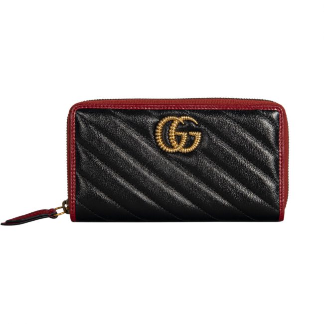 Gucci Black Matelasses Leather GG Marmont Zip Around Wallet