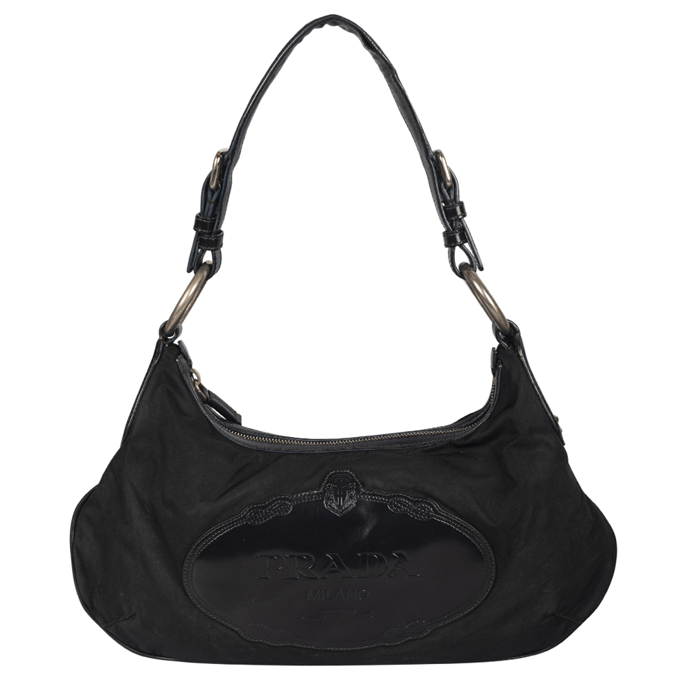 Prada Black Nylon Leather Tessuto Canapa Shoulder Bag