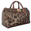 Roberto Cavalli Brown Gold Leopard Printed Leather Boston Bag