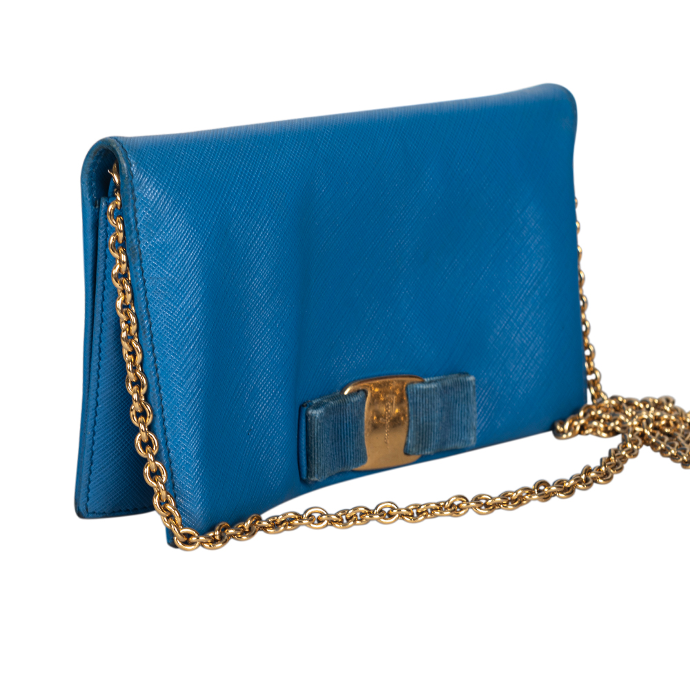 Salvatore Ferragamo Blue Leather Miss Vara Wallet On Chain