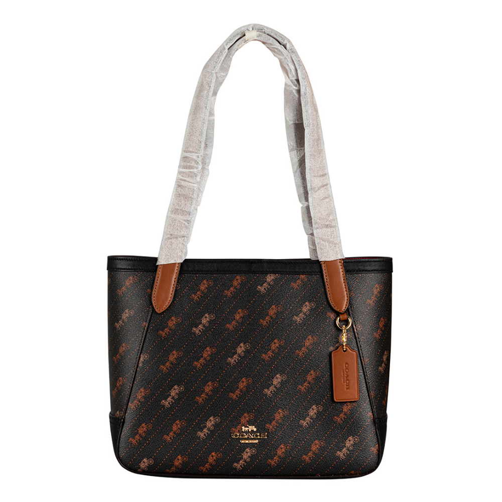 Coach Black Brown Leather Horse & Carriage Print Tote