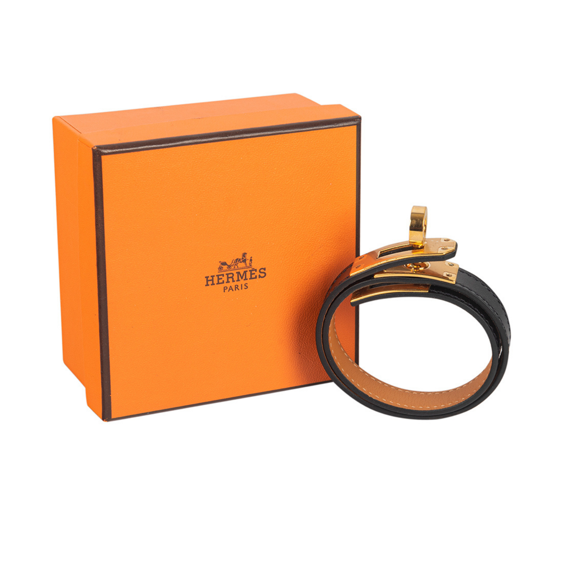 Hermes Black Leather Gold Plated Kelly Double Tour Bracelet