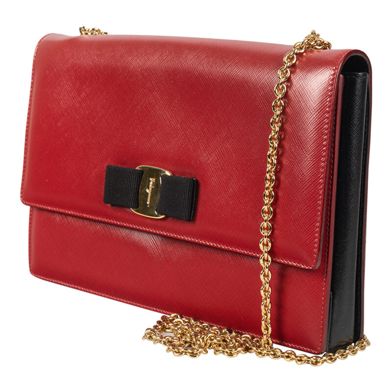 Salvatore Ferragamo Red Leather Vara Bow Chain Shoulder Bag