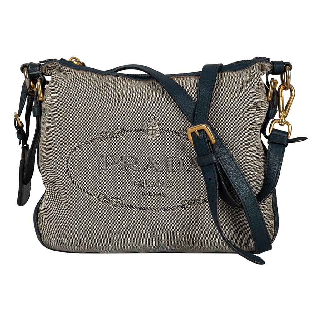 Prada Grey Blue Jacquard Fabric And Leather Canapa Logo Crossbody Bag