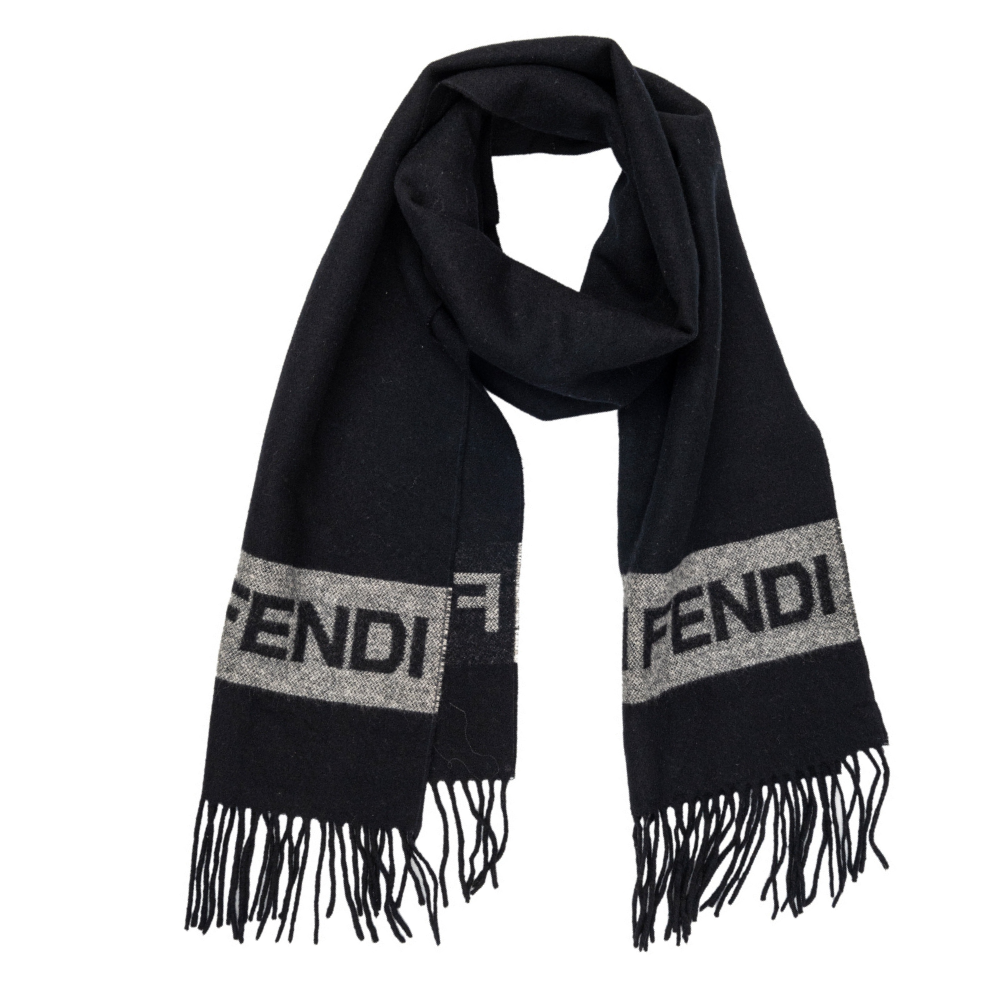 Fendi Black Logo Motif Wool Scarf