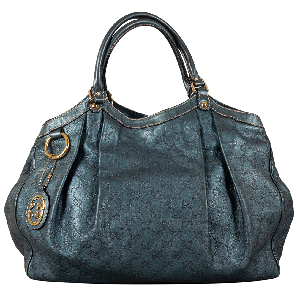 Gucci Metallic Teal Blue Guccissima Leather Large Sukey Tote Bag
