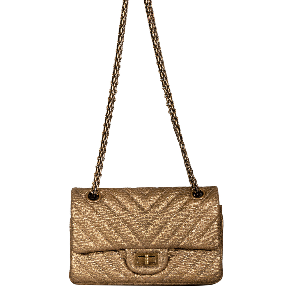 Chanel Metallic Gold Crinkled Quilted Leather Mini Reissue 2.55 Double Flap  Bag